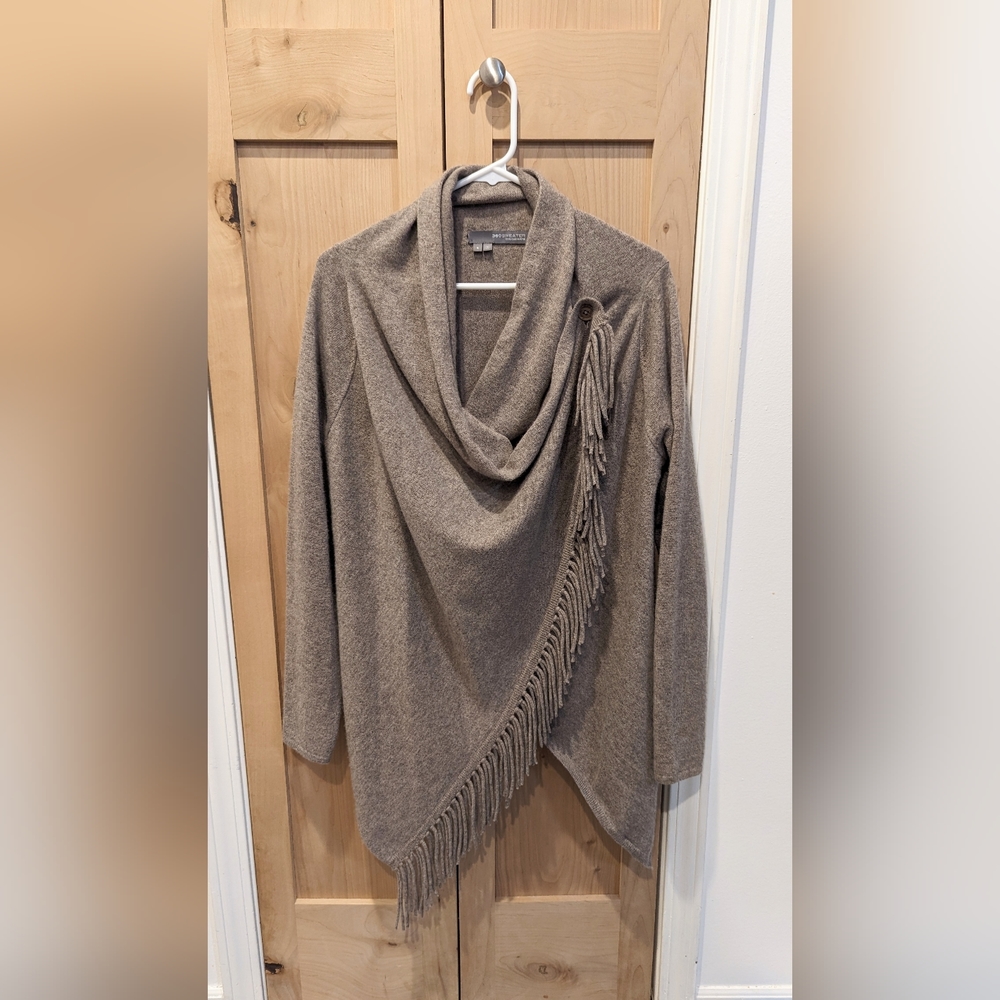 360Cashmere Izzy Shawl Collar Fringe Cardigan Sweater Beige Small 100% cashmere